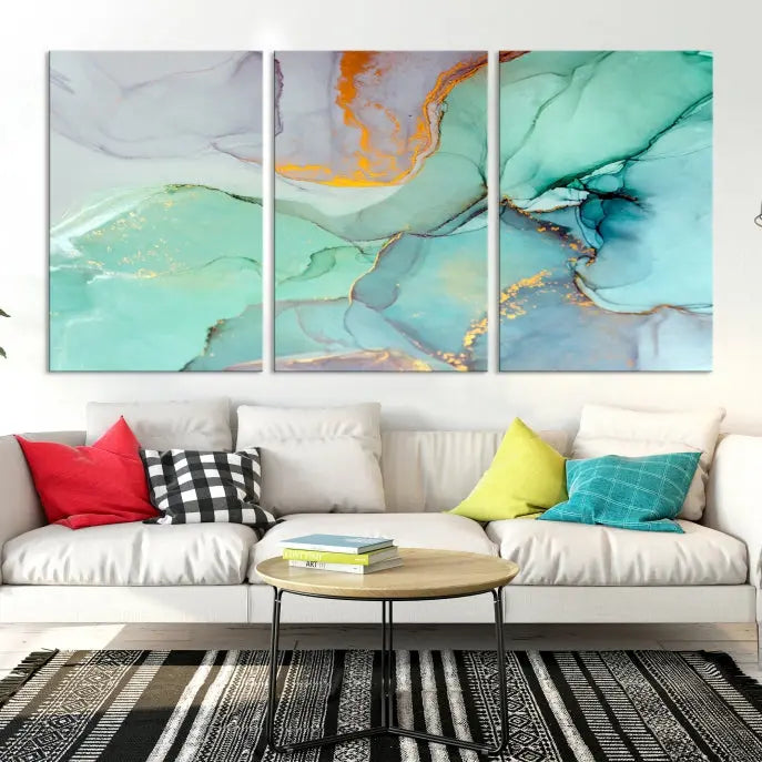 A collection of the "Green Marble Fluid Effect Wall Art Abstract Canvas Wall Art Print" is displayed on a dark wall. These museum-quality canvases, elegantly gallery wrapped, feature UV-protective coating to preserve their vibrant charm.