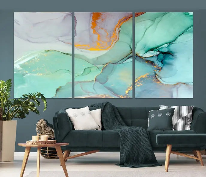 A collection of the "Green Marble Fluid Effect Wall Art Abstract Canvas Wall Art Print" is displayed on a dark wall. These museum-quality canvases, elegantly gallery wrapped, feature UV-protective coating to preserve their vibrant charm.