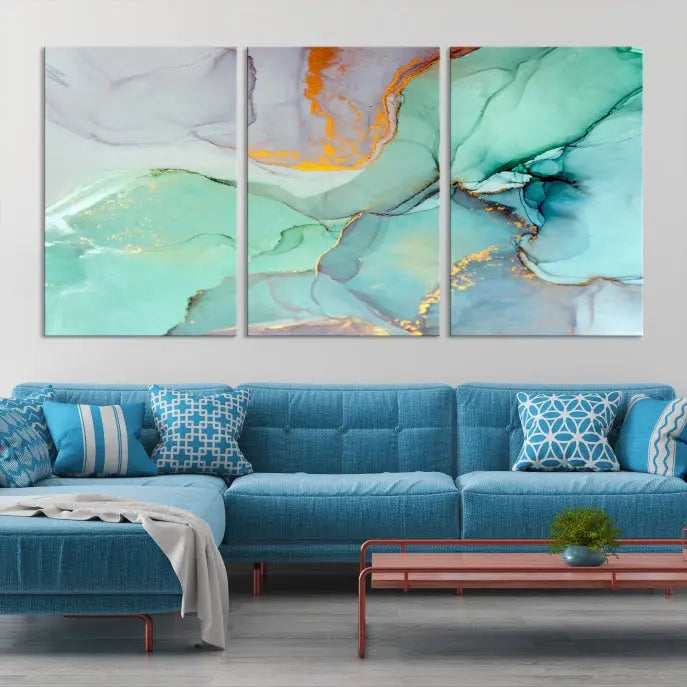 A collection of the "Green Marble Fluid Effect Wall Art Abstract Canvas Wall Art Print" is displayed on a dark wall. These museum-quality canvases, elegantly gallery wrapped, feature UV-protective coating to preserve their vibrant charm.