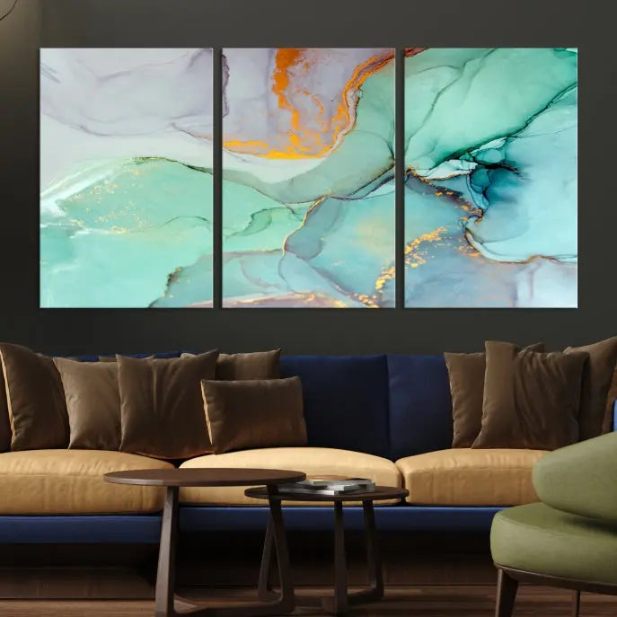 A collection of the "Green Marble Fluid Effect Wall Art Abstract Canvas Wall Art Print" is displayed on a dark wall. These museum-quality canvases, elegantly gallery wrapped, feature UV-protective coating to preserve their vibrant charm.