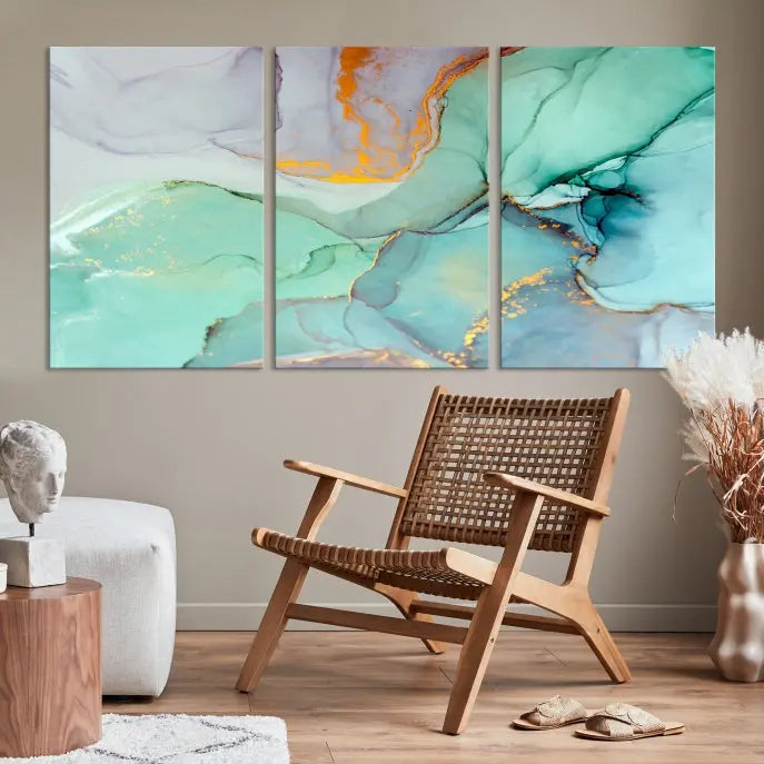 A collection of the "Green Marble Fluid Effect Wall Art Abstract Canvas Wall Art Print" is displayed on a dark wall. These museum-quality canvases, elegantly gallery wrapped, feature UV-protective coating to preserve their vibrant charm.