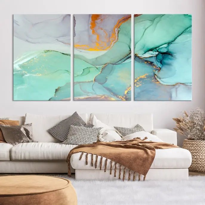 A collection of the "Green Marble Fluid Effect Wall Art Abstract Canvas Wall Art Print" is displayed on a dark wall. These museum-quality canvases, elegantly gallery wrapped, feature UV-protective coating to preserve their vibrant charm.