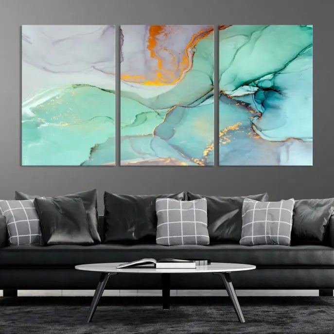 A collection of the "Green Marble Fluid Effect Wall Art Abstract Canvas Wall Art Print" is displayed on a dark wall. These museum-quality canvases, elegantly gallery wrapped, feature UV-protective coating to preserve their vibrant charm.