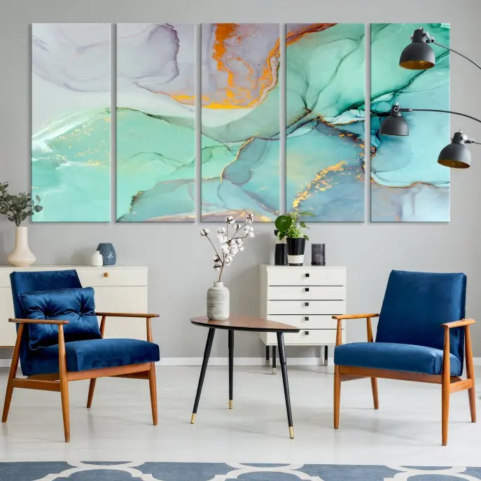 A collection of the "Green Marble Fluid Effect Wall Art Abstract Canvas Wall Art Print" is displayed on a dark wall. These museum-quality canvases, elegantly gallery wrapped, feature UV-protective coating to preserve their vibrant charm.