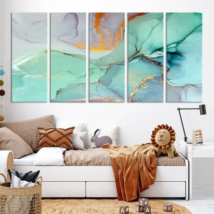 A collection of the "Green Marble Fluid Effect Wall Art Abstract Canvas Wall Art Print" is displayed on a dark wall. These museum-quality canvases, elegantly gallery wrapped, feature UV-protective coating to preserve their vibrant charm.