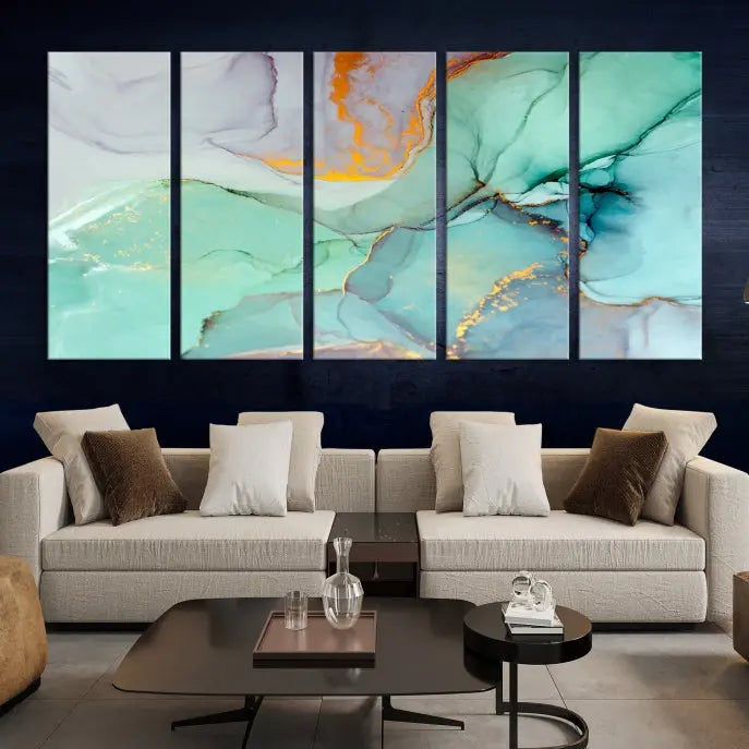 A collection of the "Green Marble Fluid Effect Wall Art Abstract Canvas Wall Art Print" is displayed on a dark wall. These museum-quality canvases, elegantly gallery wrapped, feature UV-protective coating to preserve their vibrant charm.