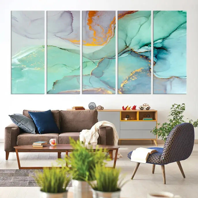 A collection of the "Green Marble Fluid Effect Wall Art Abstract Canvas Wall Art Print" is displayed on a dark wall. These museum-quality canvases, elegantly gallery wrapped, feature UV-protective coating to preserve their vibrant charm.