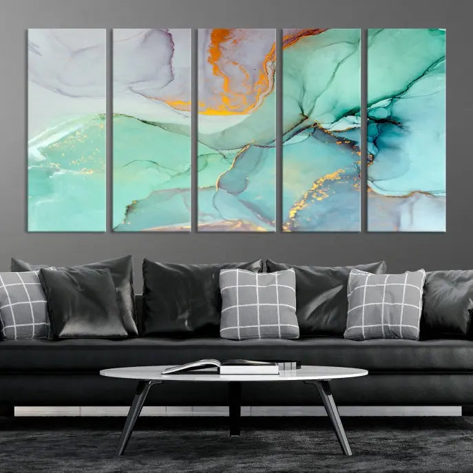 A collection of the "Green Marble Fluid Effect Wall Art Abstract Canvas Wall Art Print" is displayed on a dark wall. These museum-quality canvases, elegantly gallery wrapped, feature UV-protective coating to preserve their vibrant charm.