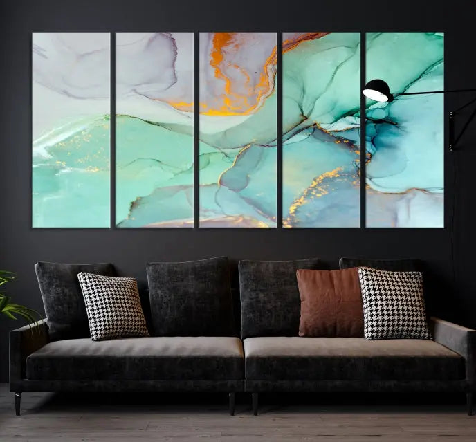 A collection of the "Green Marble Fluid Effect Wall Art Abstract Canvas Wall Art Print" is displayed on a dark wall. These museum-quality canvases, elegantly gallery wrapped, feature UV-protective coating to preserve their vibrant charm.