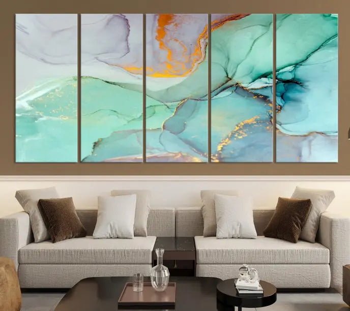 A collection of the "Green Marble Fluid Effect Wall Art Abstract Canvas Wall Art Print" is displayed on a dark wall. These museum-quality canvases, elegantly gallery wrapped, feature UV-protective coating to preserve their vibrant charm.