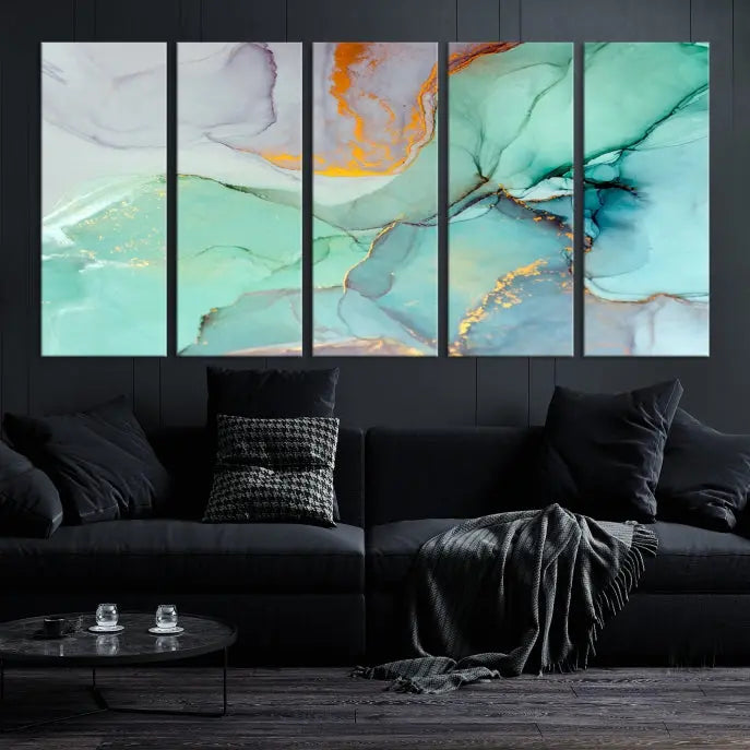 A collection of the "Green Marble Fluid Effect Wall Art Abstract Canvas Wall Art Print" is displayed on a dark wall. These museum-quality canvases, elegantly gallery wrapped, feature UV-protective coating to preserve their vibrant charm.