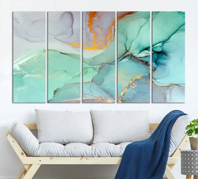 A collection of the "Green Marble Fluid Effect Wall Art Abstract Canvas Wall Art Print" is displayed on a dark wall. These museum-quality canvases, elegantly gallery wrapped, feature UV-protective coating to preserve their vibrant charm.