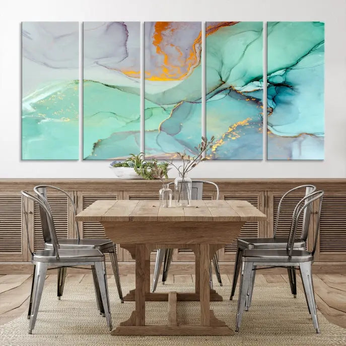 A collection of the "Green Marble Fluid Effect Wall Art Abstract Canvas Wall Art Print" is displayed on a dark wall. These museum-quality canvases, elegantly gallery wrapped, feature UV-protective coating to preserve their vibrant charm.