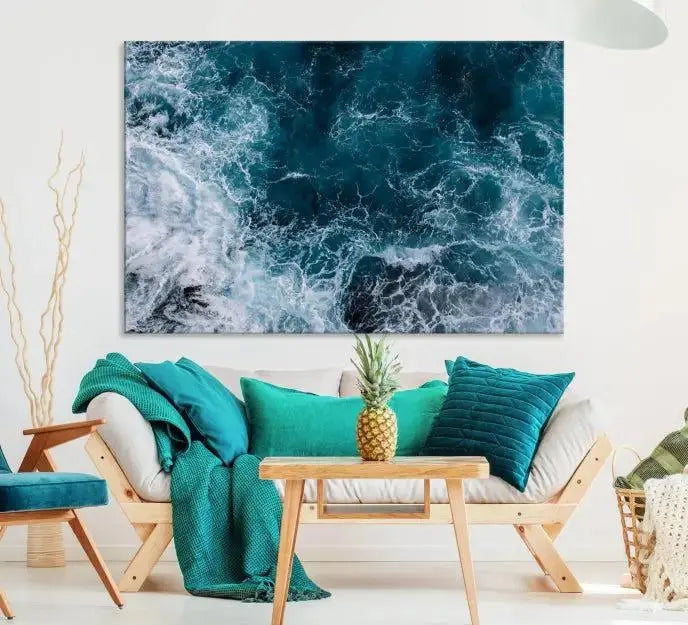 The living room features a Green Ocean Art canvas print on the wall, seamlessly gallery wrapped on museum-quality canvas.