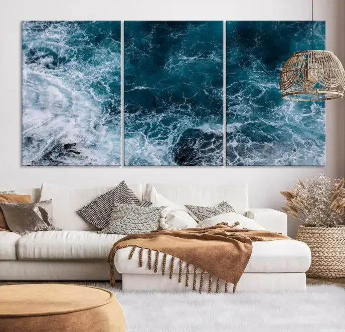 The living room features a Green Ocean Art canvas print on the wall, seamlessly gallery wrapped on museum-quality canvas.