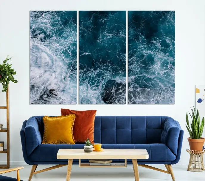 The living room features a Green Ocean Art canvas print on the wall, seamlessly gallery wrapped on museum-quality canvas.