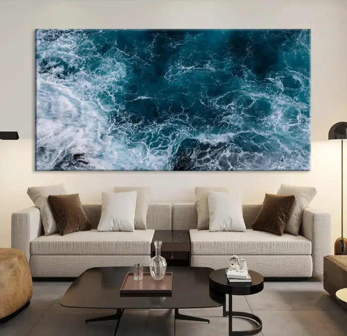 The living room features a Green Ocean Art canvas print on the wall, seamlessly gallery wrapped on museum-quality canvas.