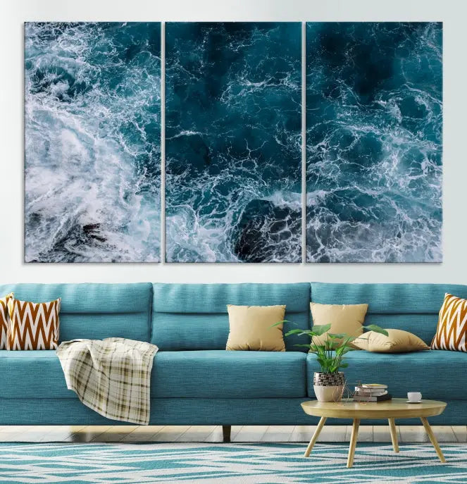 The living room features a Green Ocean Art canvas print on the wall, seamlessly gallery wrapped on museum-quality canvas.