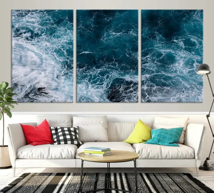 The living room features a Green Ocean Art canvas print on the wall, seamlessly gallery wrapped on museum-quality canvas.