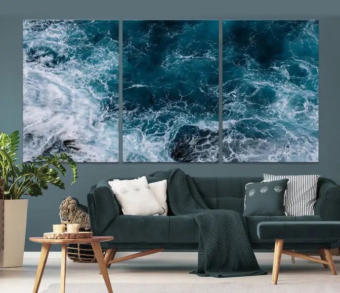 The living room features a Green Ocean Art canvas print on the wall, seamlessly gallery wrapped on museum-quality canvas.