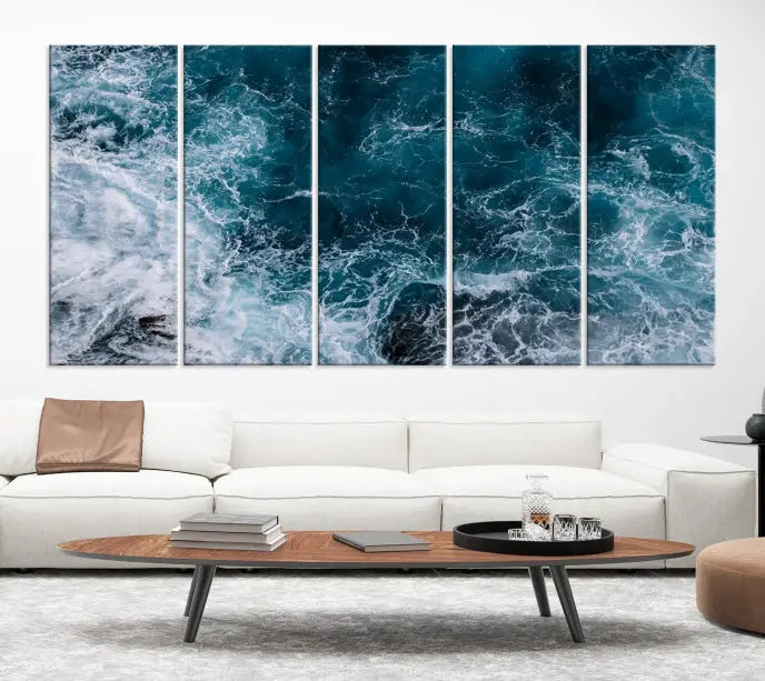 The living room features a Green Ocean Art canvas print on the wall, seamlessly gallery wrapped on museum-quality canvas.