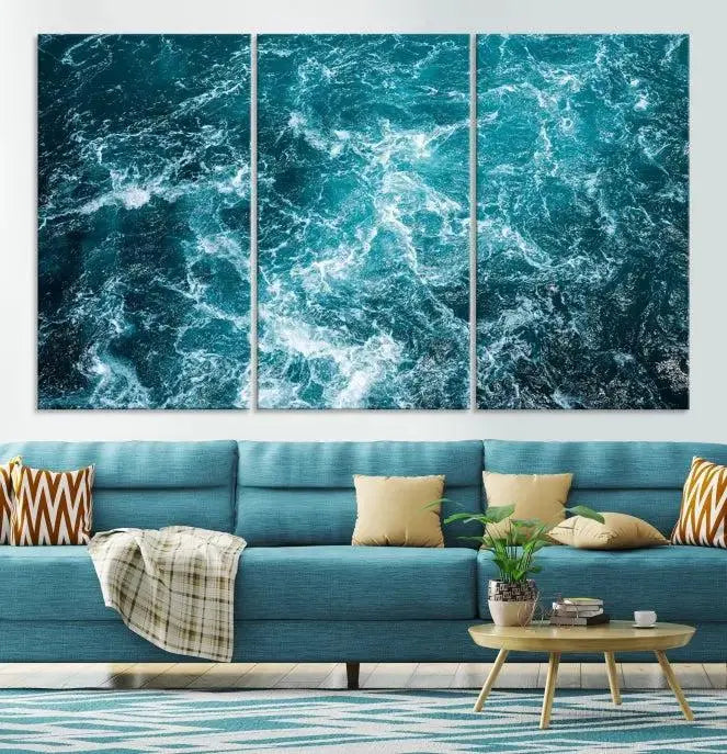 The Green Ocean Waves Wall Art Canvas Print, crafted on museum-quality canvas, adds elegance to your space. Each piece is ready to hang and showcases a stunning display of ocean waves.