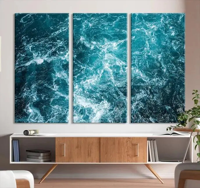 The Green Ocean Waves Wall Art Canvas Print, crafted on museum-quality canvas, adds elegance to your space. Each piece is ready to hang and showcases a stunning display of ocean waves.