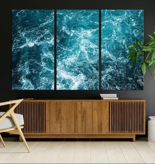 The Green Ocean Waves Wall Art Canvas Print, crafted on museum-quality canvas, adds elegance to your space. Each piece is ready to hang and showcases a stunning display of ocean waves.