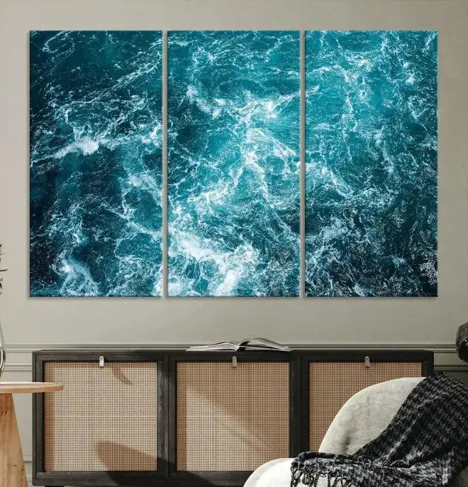 The Green Ocean Waves Wall Art Canvas Print, crafted on museum-quality canvas, adds elegance to your space. Each piece is ready to hang and showcases a stunning display of ocean waves.