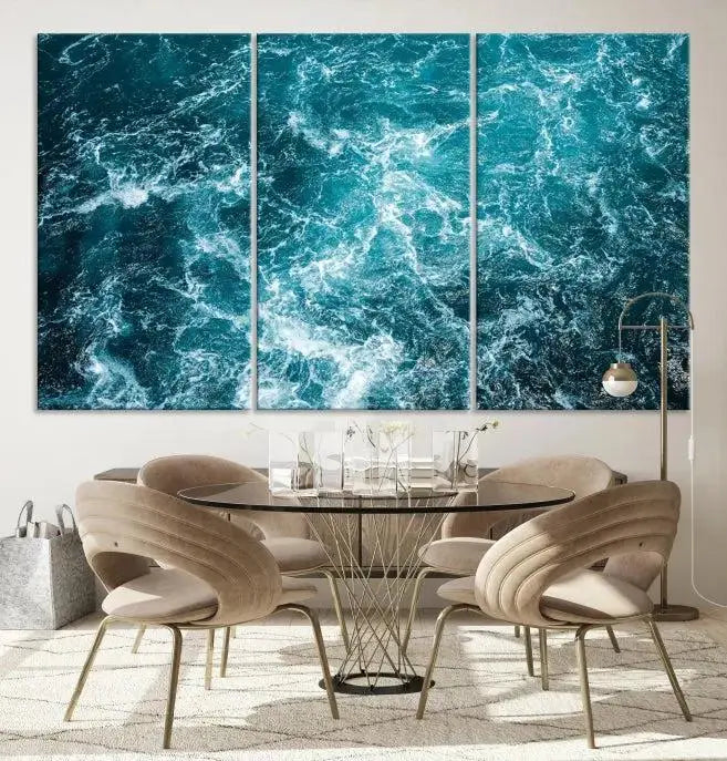 The Green Ocean Waves Wall Art Canvas Print, crafted on museum-quality canvas, adds elegance to your space. Each piece is ready to hang and showcases a stunning display of ocean waves.