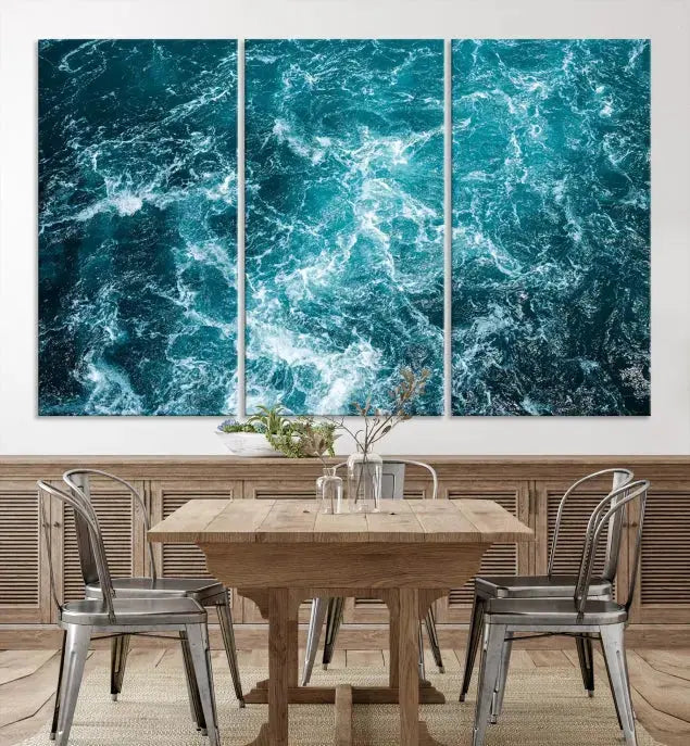 The Green Ocean Waves Wall Art Canvas Print, crafted on museum-quality canvas, adds elegance to your space. Each piece is ready to hang and showcases a stunning display of ocean waves.