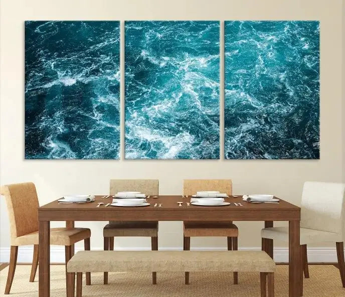 The Green Ocean Waves Wall Art Canvas Print, crafted on museum-quality canvas, adds elegance to your space. Each piece is ready to hang and showcases a stunning display of ocean waves.