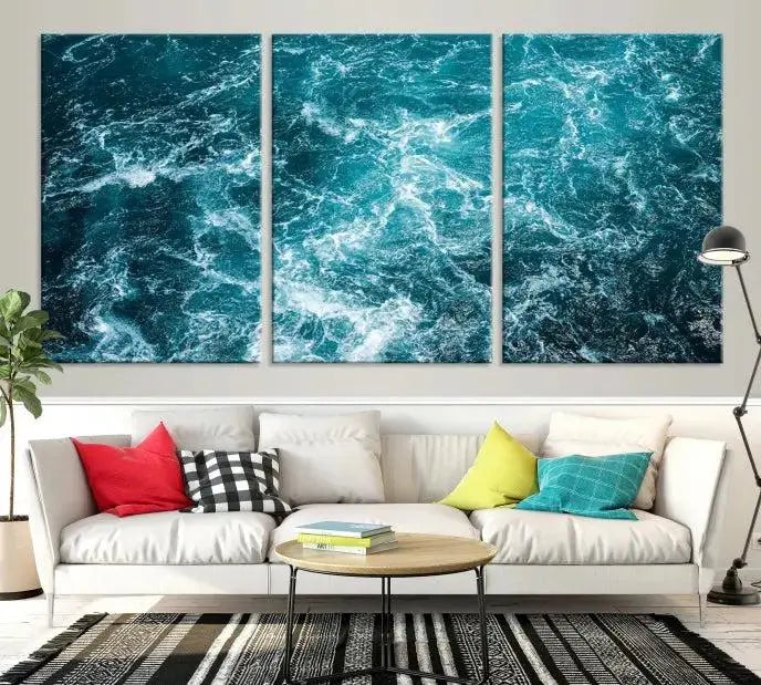 The Green Ocean Waves Wall Art Canvas Print, crafted on museum-quality canvas, adds elegance to your space. Each piece is ready to hang and showcases a stunning display of ocean waves.