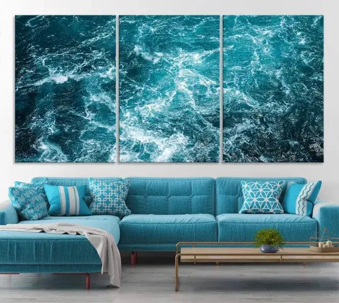 The Green Ocean Waves Wall Art Canvas Print, crafted on museum-quality canvas, adds elegance to your space. Each piece is ready to hang and showcases a stunning display of ocean waves.