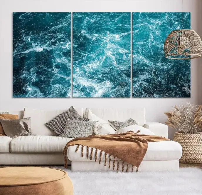 The Green Ocean Waves Wall Art Canvas Print, crafted on museum-quality canvas, adds elegance to your space. Each piece is ready to hang and showcases a stunning display of ocean waves.