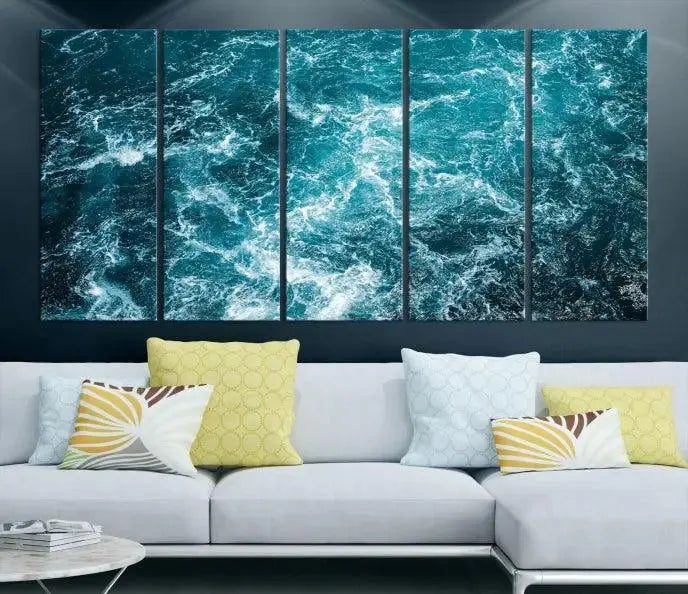 The Green Ocean Waves Wall Art Canvas Print, crafted on museum-quality canvas, adds elegance to your space. Each piece is ready to hang and showcases a stunning display of ocean waves.