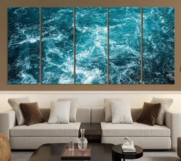 The Green Ocean Waves Wall Art Canvas Print, crafted on museum-quality canvas, adds elegance to your space. Each piece is ready to hang and showcases a stunning display of ocean waves.