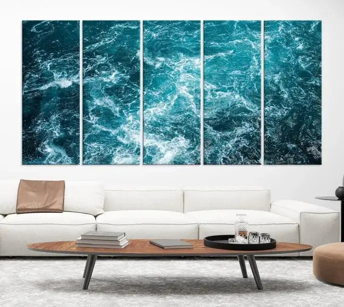 The Green Ocean Waves Wall Art Canvas Print, crafted on museum-quality canvas, adds elegance to your space. Each piece is ready to hang and showcases a stunning display of ocean waves.