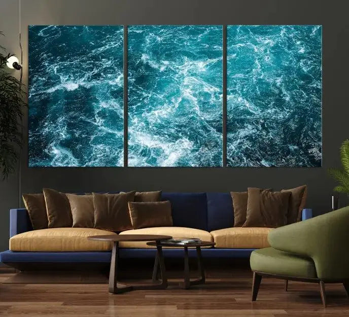 The Green Ocean Waves Wall Art Canvas Print, crafted on museum-quality canvas, adds elegance to your space. Each piece is ready to hang and showcases a stunning display of ocean waves.