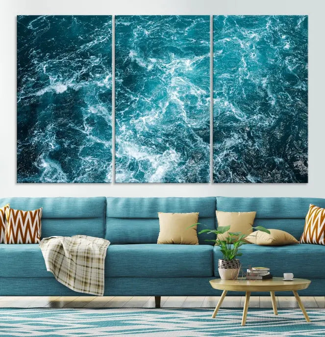 The Green Ocean Waves Wall Art Canvas Print, crafted on museum-quality canvas, adds elegance to your space. Each piece is ready to hang and showcases a stunning display of ocean waves.