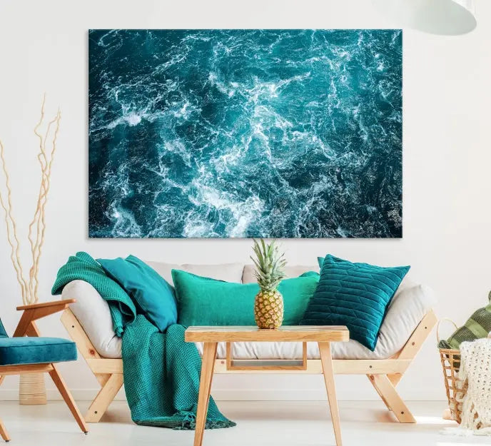 The Green Ocean Waves Wall Art Canvas Print, crafted on museum-quality canvas, adds elegance to your space. Each piece is ready to hang and showcases a stunning display of ocean waves.