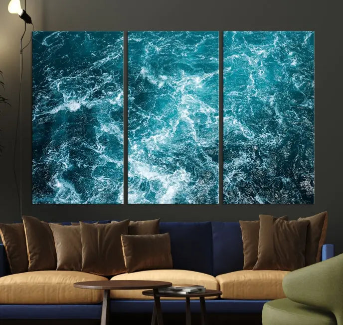 The Green Ocean Waves Wall Art Canvas Print, crafted on museum-quality canvas, adds elegance to your space. Each piece is ready to hang and showcases a stunning display of ocean waves.