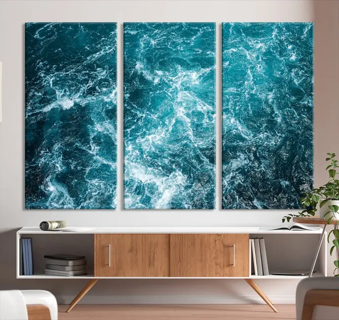 The Green Ocean Waves Wall Art Canvas Print, crafted on museum-quality canvas, adds elegance to your space. Each piece is ready to hang and showcases a stunning display of ocean waves.