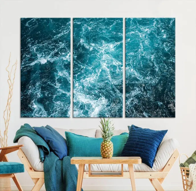 The Green Ocean Waves Wall Art Canvas Print, crafted on museum-quality canvas, adds elegance to your space. Each piece is ready to hang and showcases a stunning display of ocean waves.