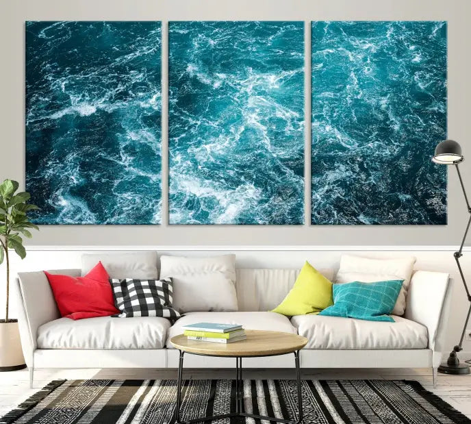 The Green Ocean Waves Wall Art Canvas Print, crafted on museum-quality canvas, adds elegance to your space. Each piece is ready to hang and showcases a stunning display of ocean waves.