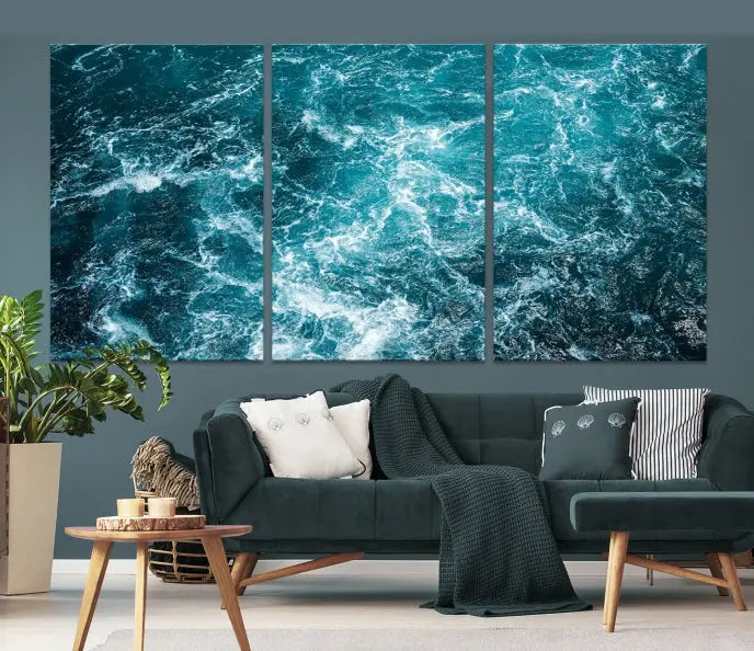 The Green Ocean Waves Wall Art Canvas Print, crafted on museum-quality canvas, adds elegance to your space. Each piece is ready to hang and showcases a stunning display of ocean waves.