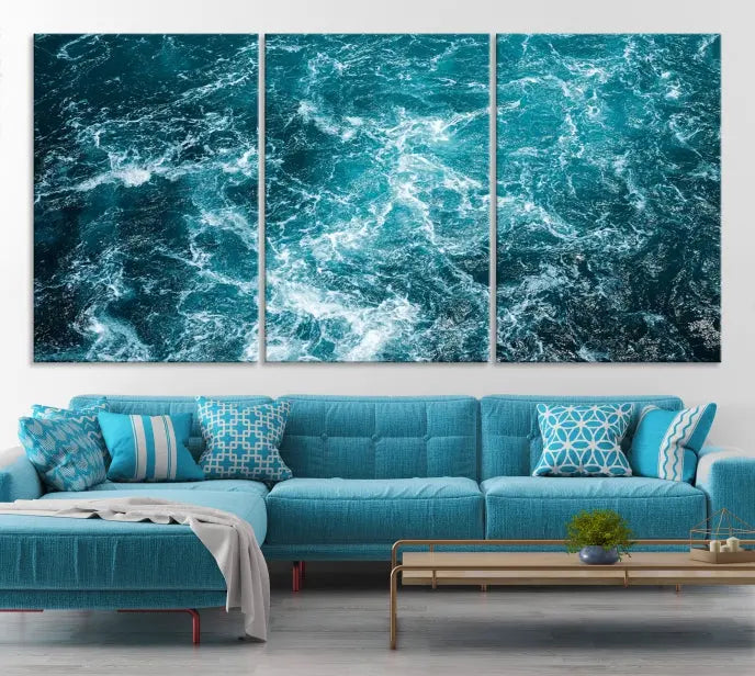 The Green Ocean Waves Wall Art Canvas Print, crafted on museum-quality canvas, adds elegance to your space. Each piece is ready to hang and showcases a stunning display of ocean waves.