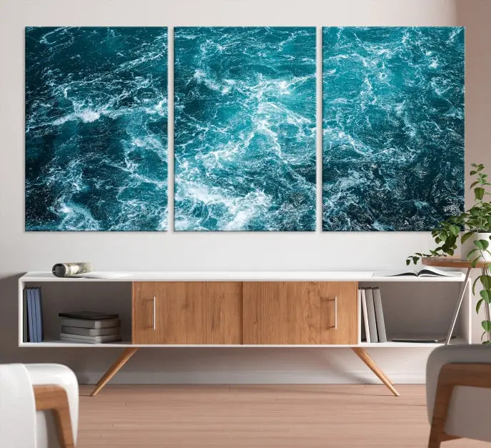 The Green Ocean Waves Wall Art Canvas Print, crafted on museum-quality canvas, adds elegance to your space. Each piece is ready to hang and showcases a stunning display of ocean waves.