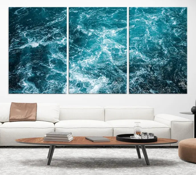 The Green Ocean Waves Wall Art Canvas Print, crafted on museum-quality canvas, adds elegance to your space. Each piece is ready to hang and showcases a stunning display of ocean waves.