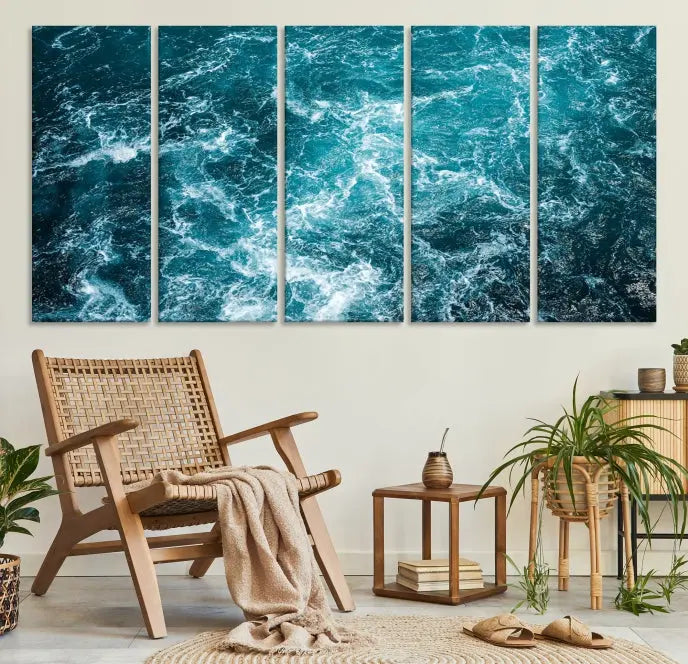 The Green Ocean Waves Wall Art Canvas Print, crafted on museum-quality canvas, adds elegance to your space. Each piece is ready to hang and showcases a stunning display of ocean waves.